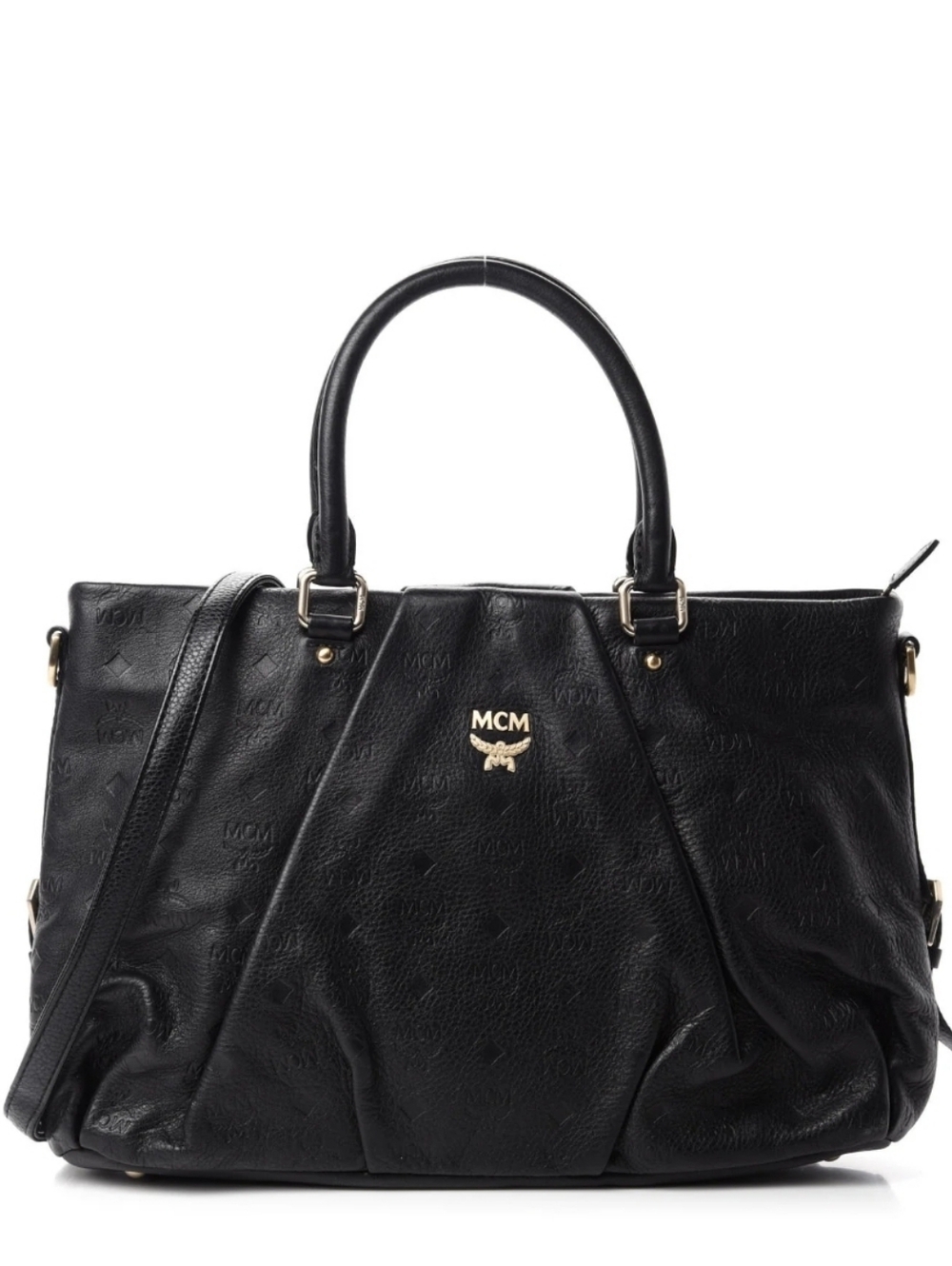 MCM Calfskin Leather Ottomar Monogram Black Large Shoulder/Crossbody Tote Bag